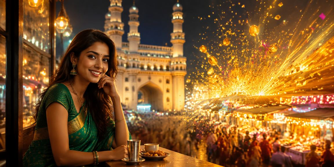 Person betting on mobile phone with Charminar view in Hyderabad